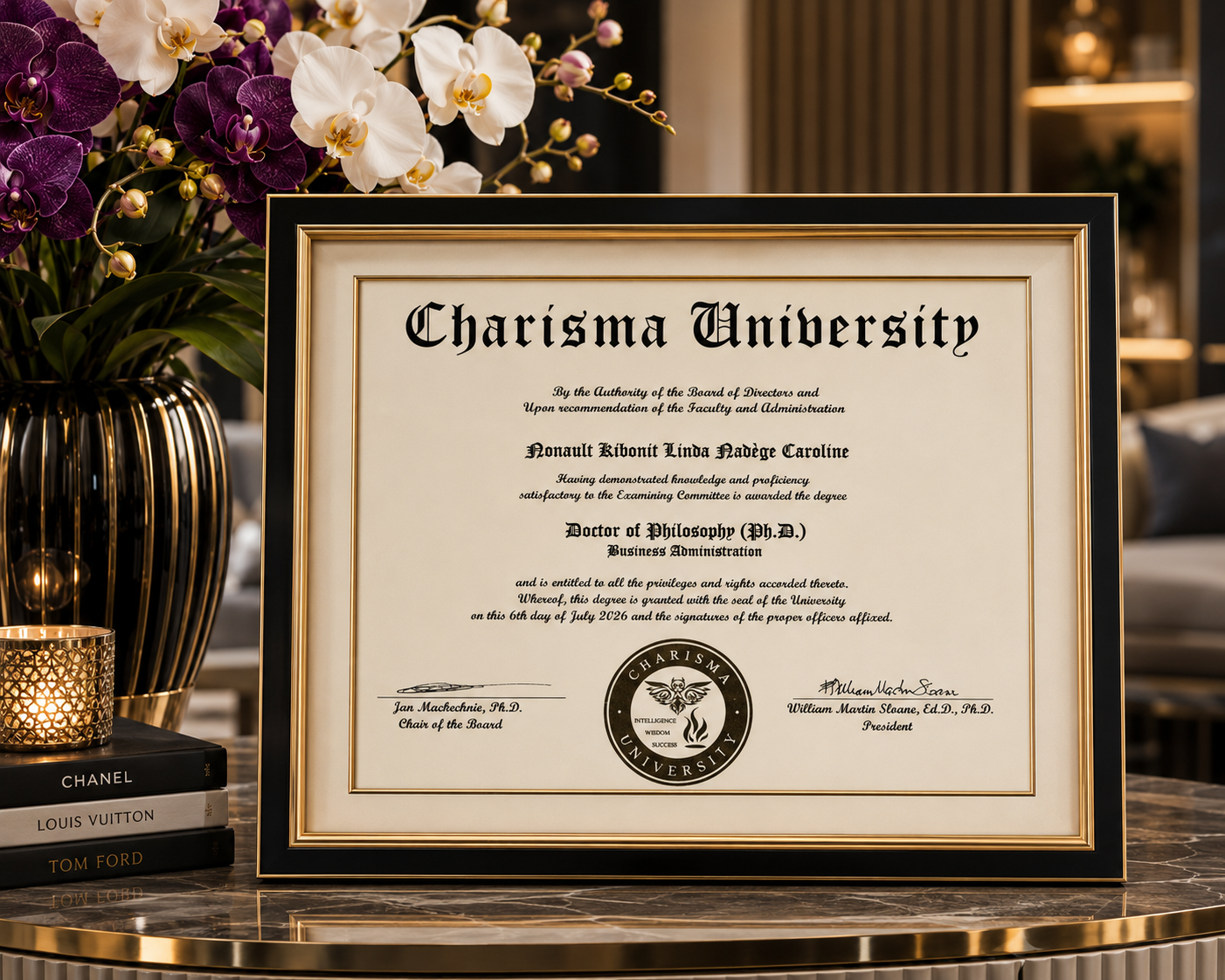 Diplôme de doctorat en Business Administration de Charisma University dans son cadre noir et doré